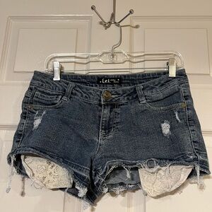 LEI Women's Ashley Low Rise Distressed Blue Jean Shorts Lace Trim Junior Size 9